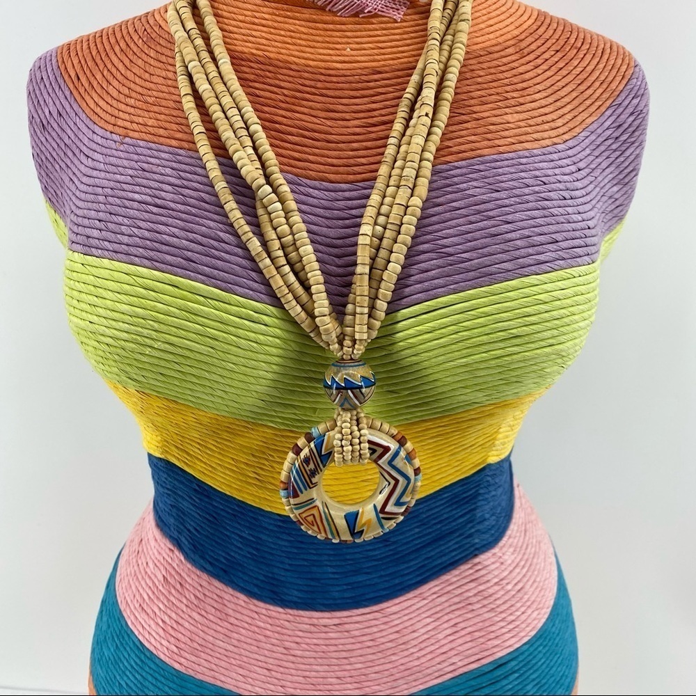 Four Strand Wood Aztec Statement Necklace